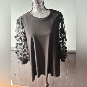 Anne Klein Black Top with Floral Lace Sleeves
